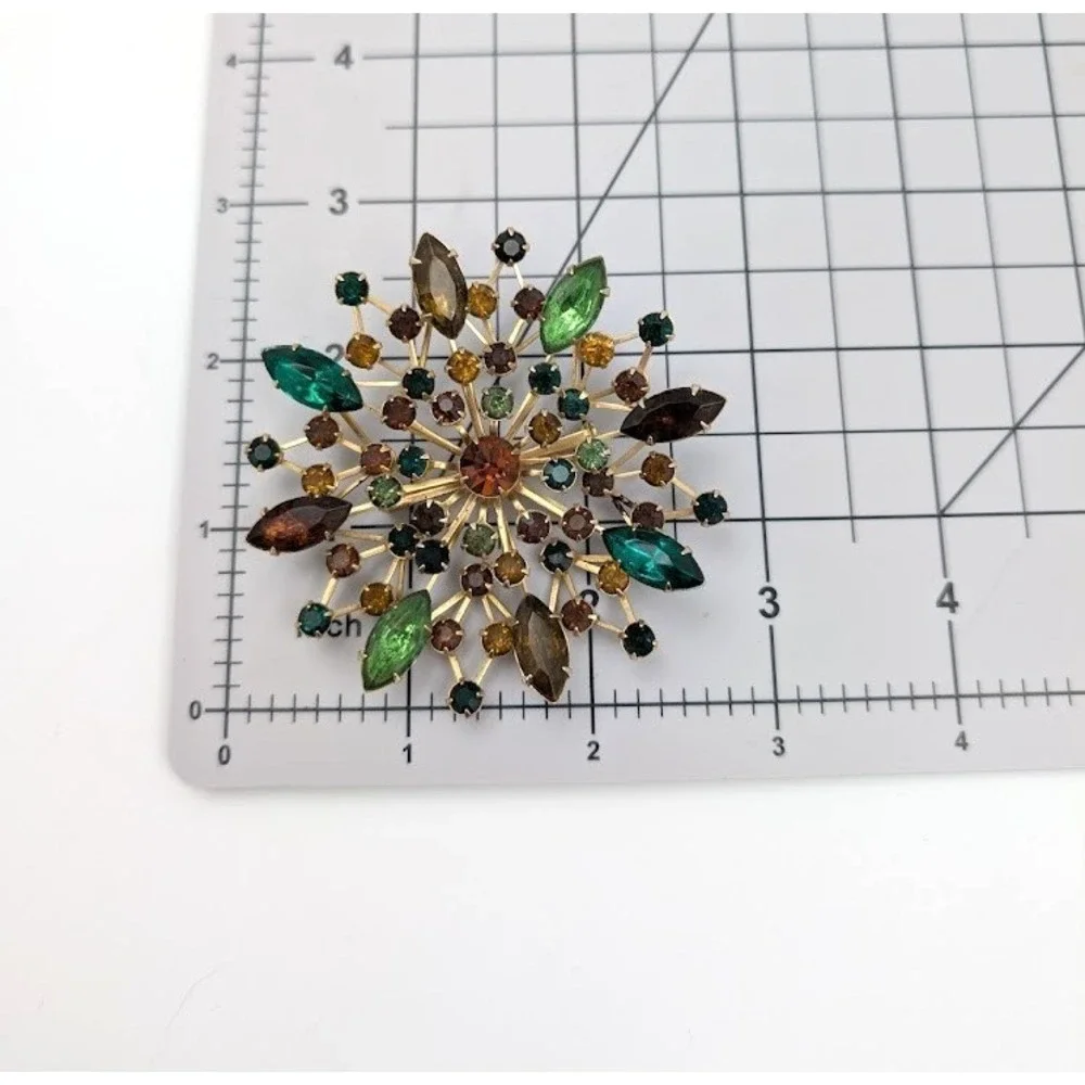 Vintage Rhinestone Sunburst Brooch 3D Layered Gold Tone Earth Colors MCM‎